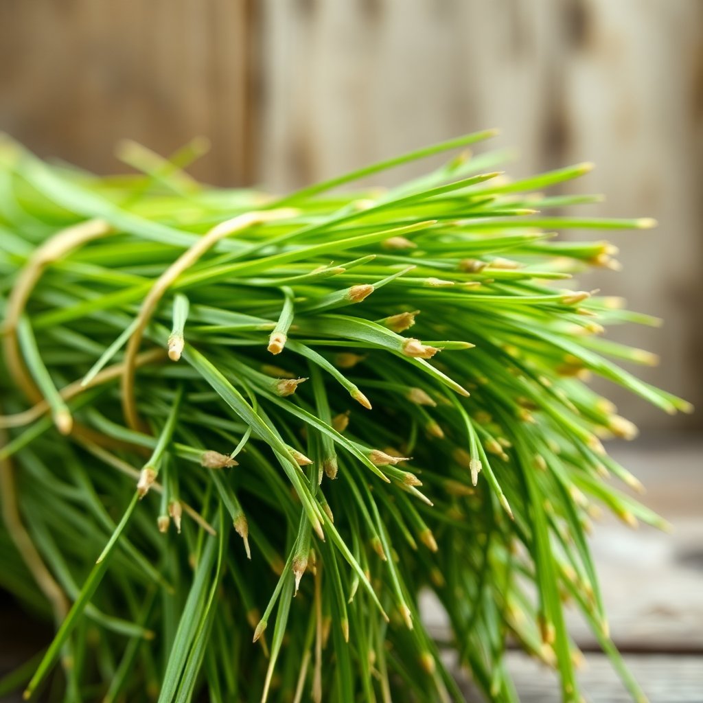 High-quality macro photo of fresh green organic hay bundle, rustic wooden background, soft natural sunlight, focus on texture and golden-green stalks, professional photography