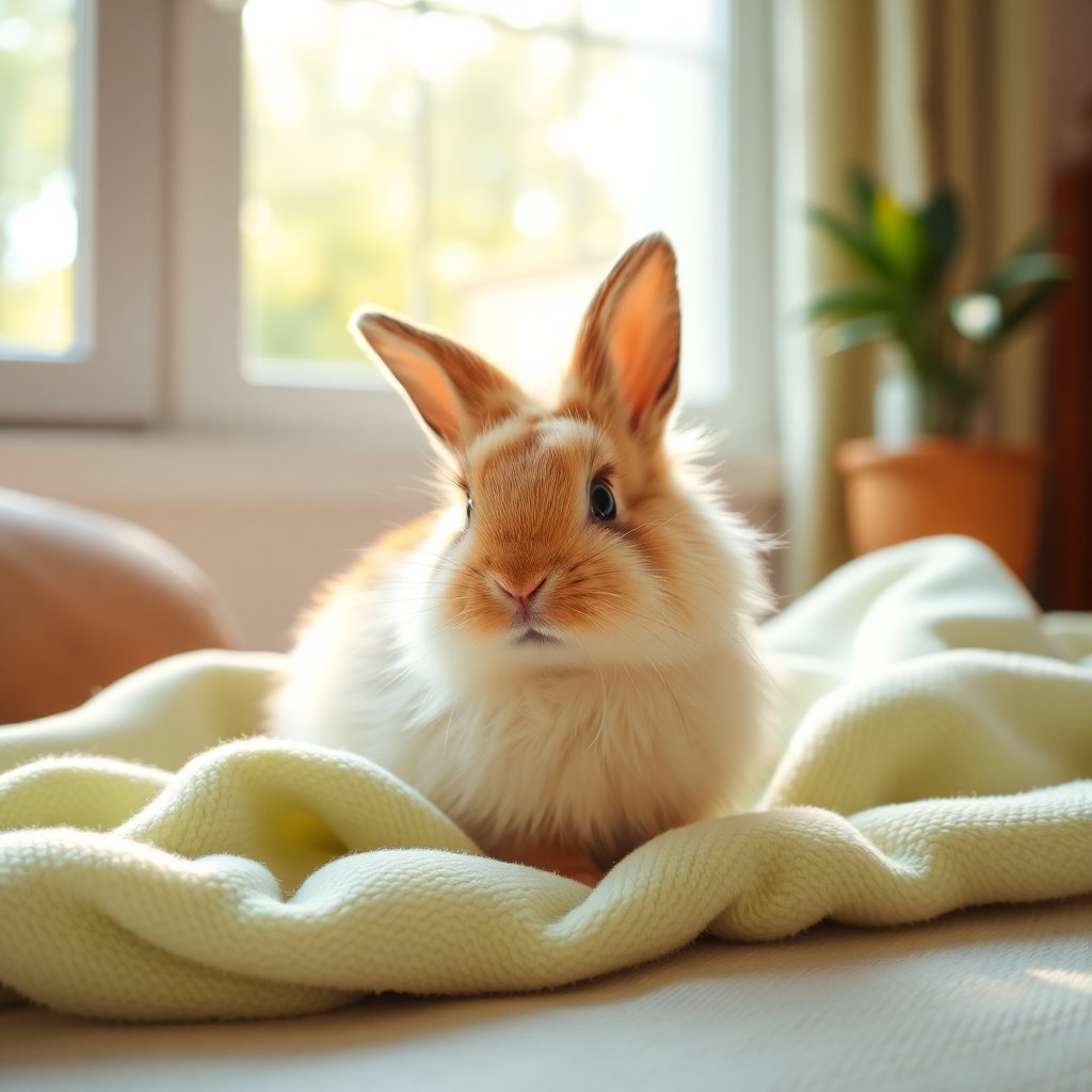 Adorable fluffy domestic rabbit sitting on a soft light green blanket, warm natural sunlight from a window, cozy home atmosphere, high resolution, 8k, professional photography